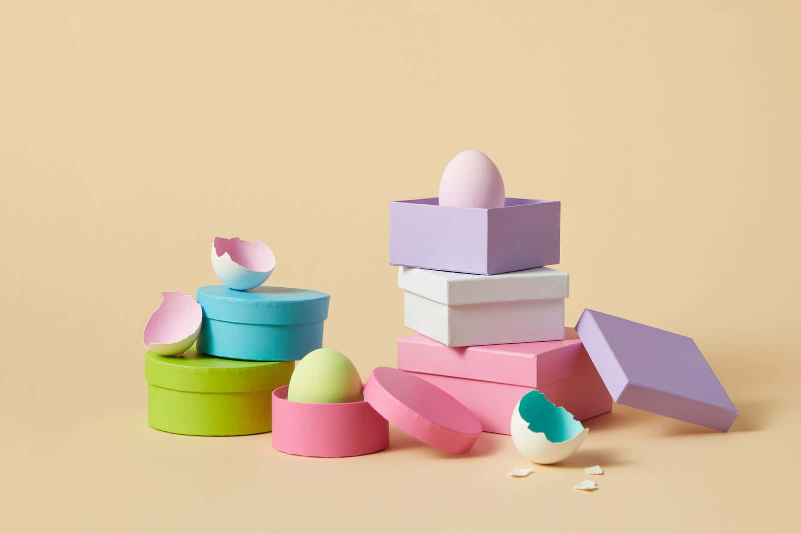 Gift Box With Pastel Easter Eggs Background