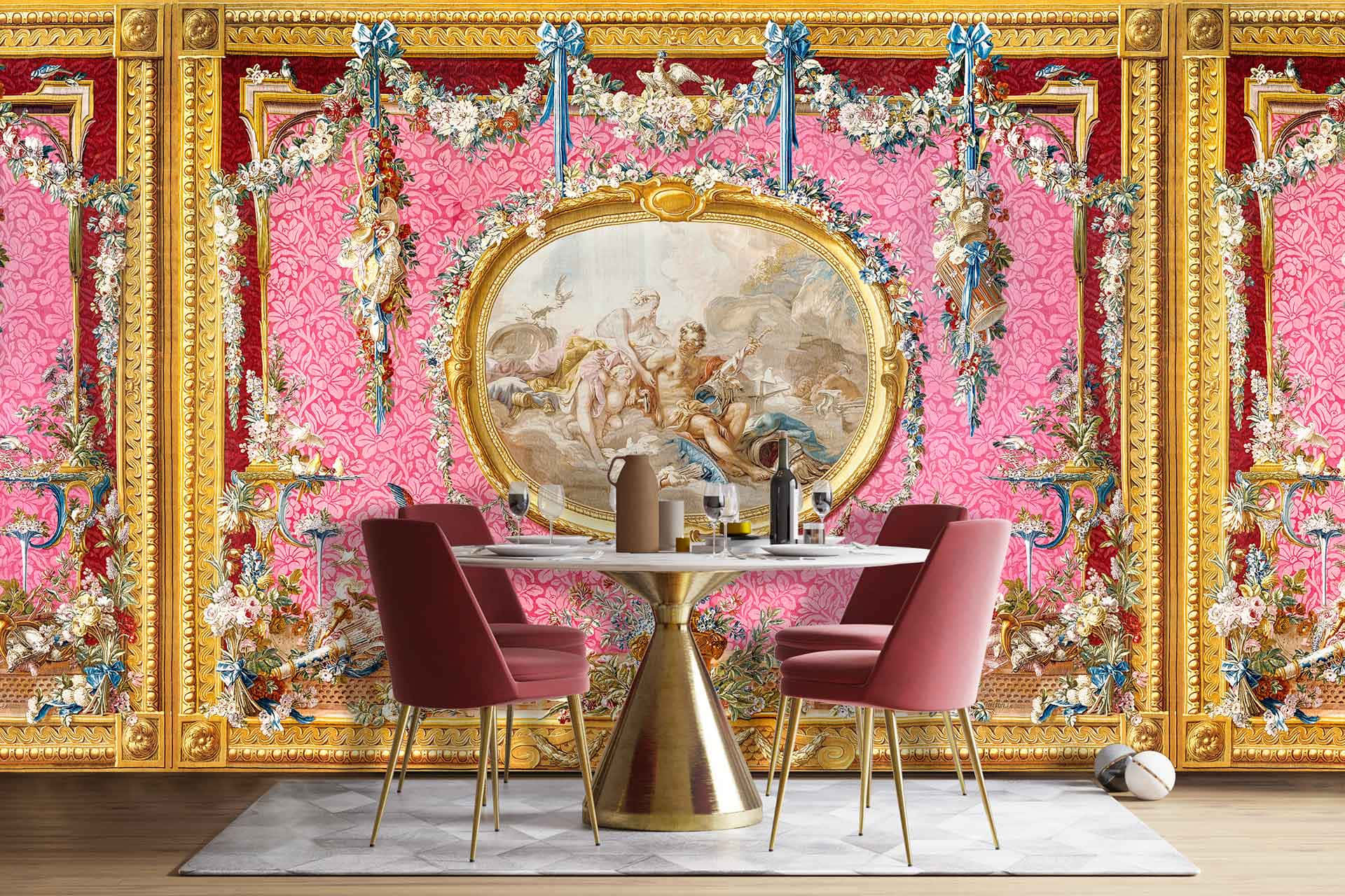 Gilded Details And Pink Theme Of The Restaurant Background