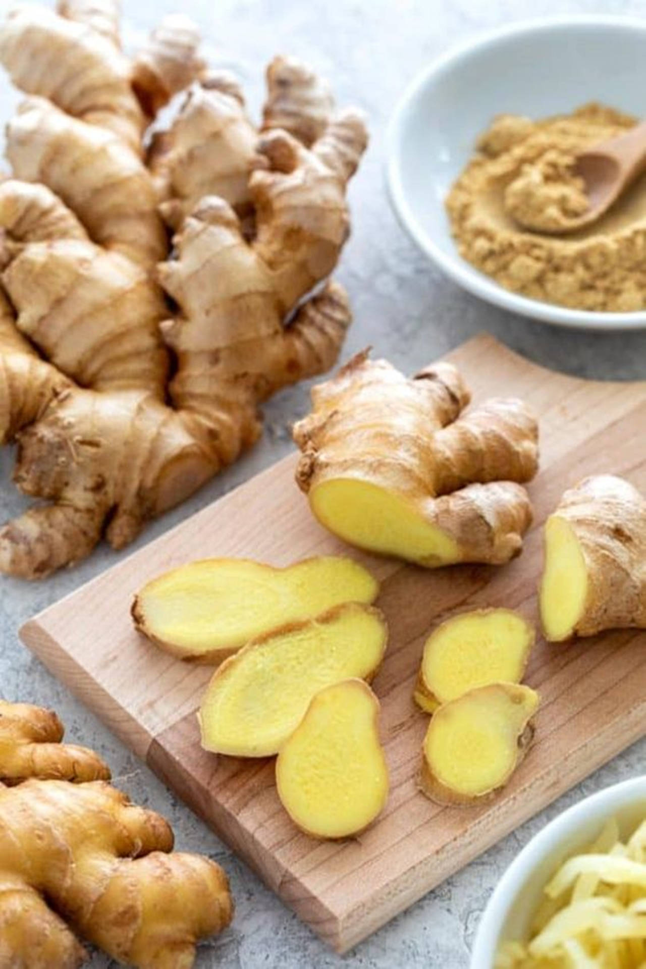 Ginger Root Sliced And Powdered Spice Background