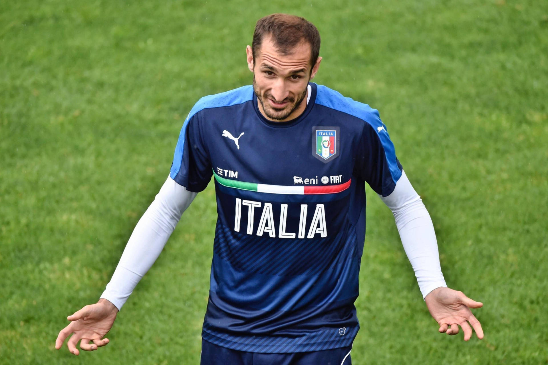 Giorgio Chiellini Celebrates Victory With Italy National Team Background