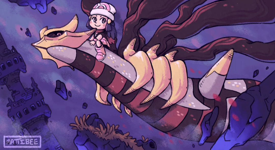 Giratina Flying With A Chibi Girl Background