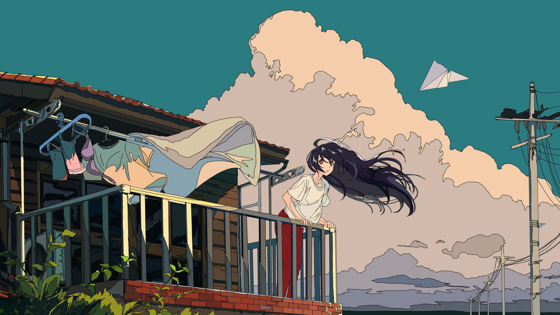 Girl Aesthetic Terrace Windy Desktop Background