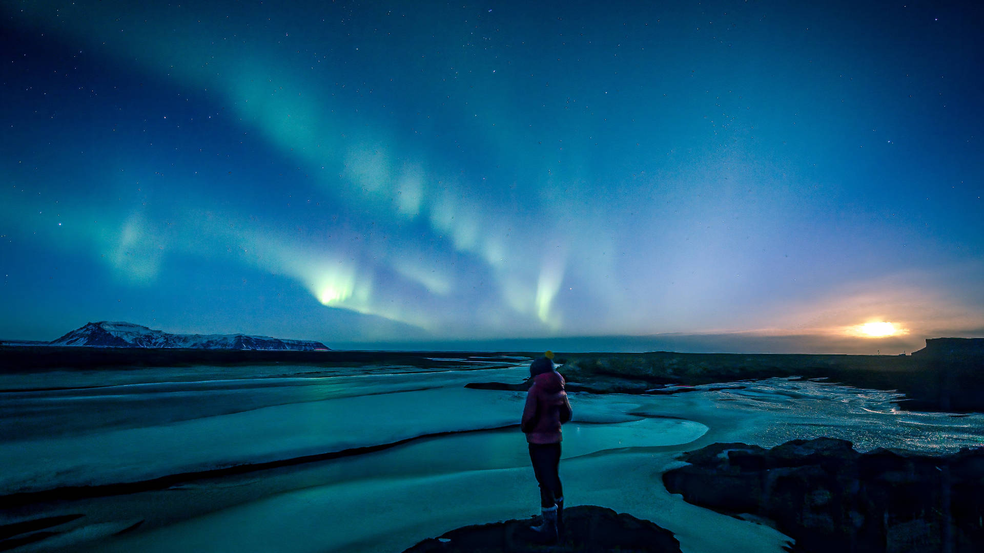 Girl Alone Aurora Borealis Background