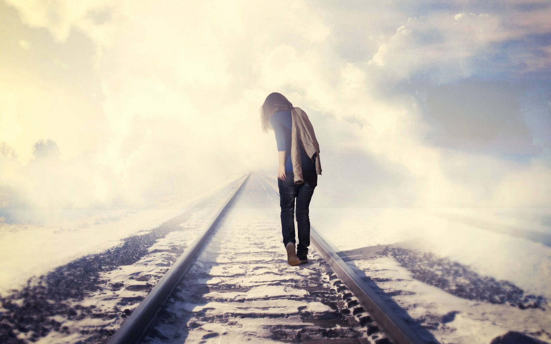 Girl Alone Train Tracks Background