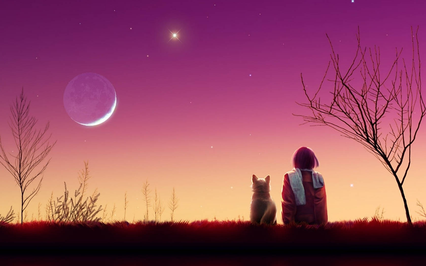 Girl And Cat Anime Aesthetic Sunset Background