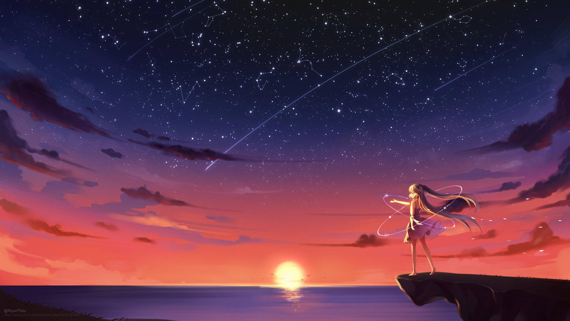 Girl And Constellations Anime Aesthetic Sunset Background