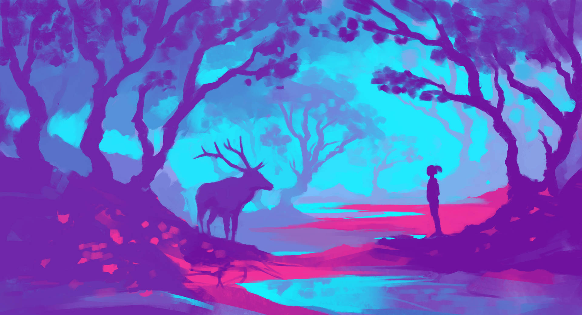 Girl And Deer Digital Drawing Background