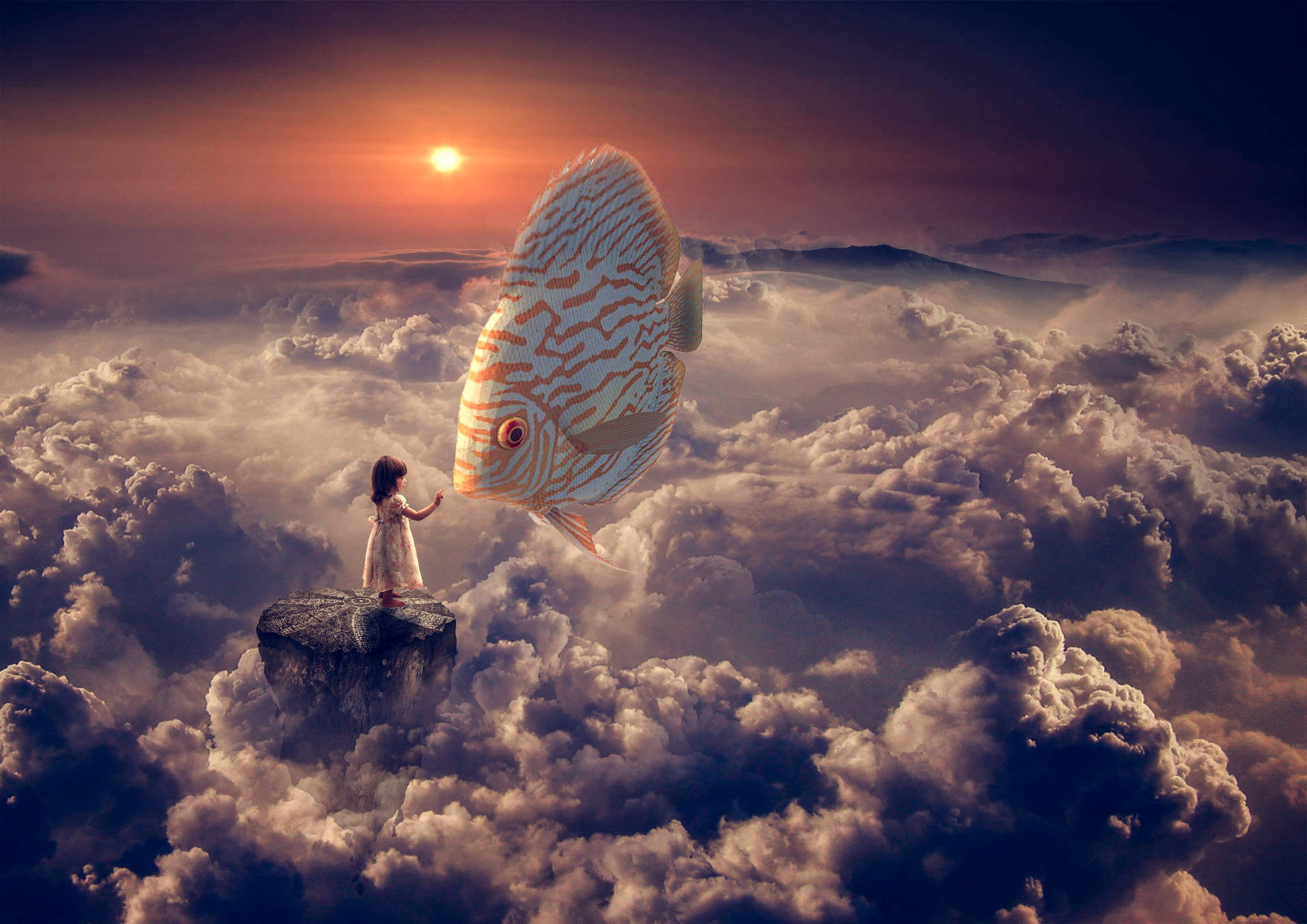 Girl And Fish In Clouds Fantasy Background