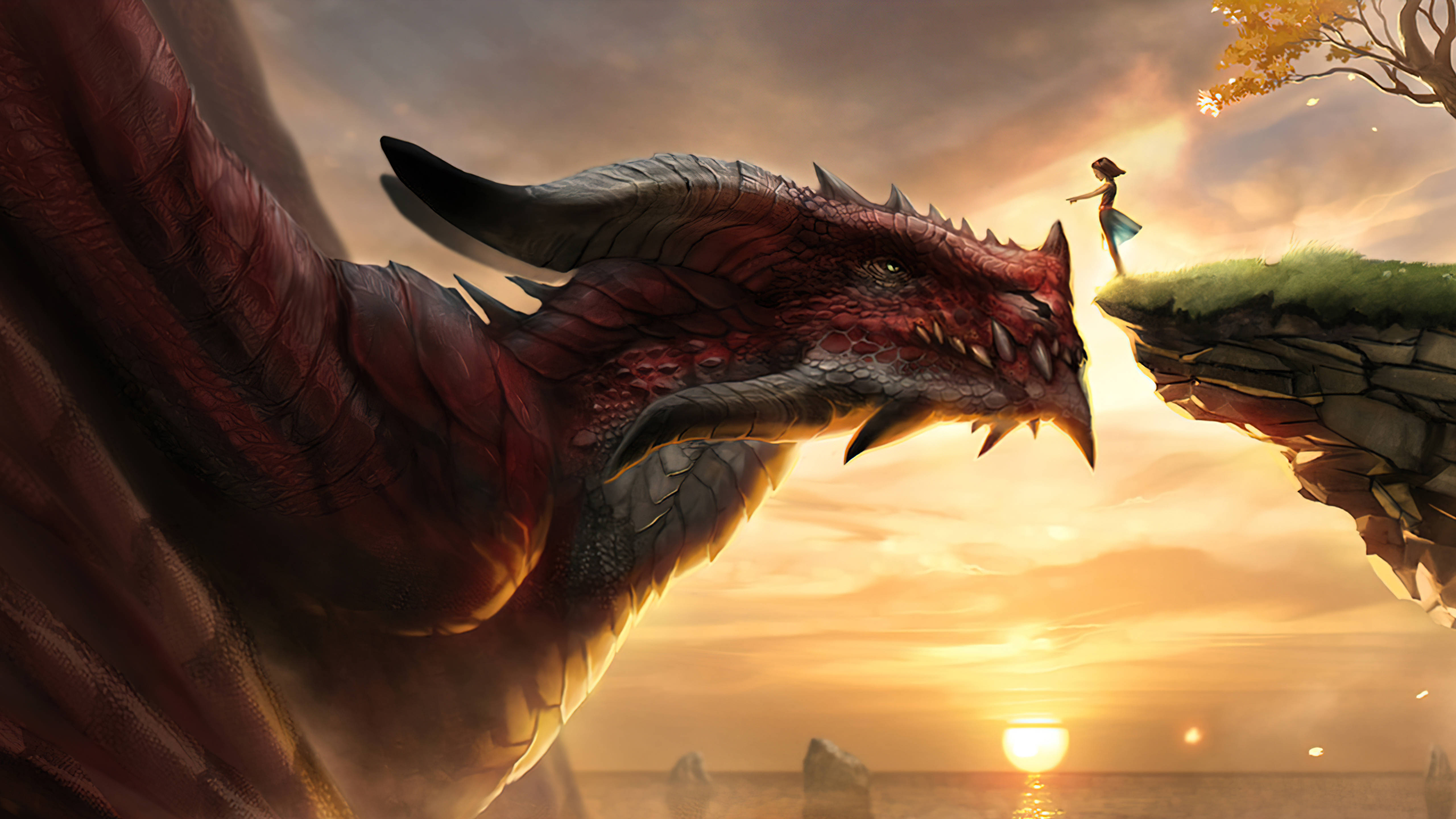 Girl And Really Cool Dragons Background