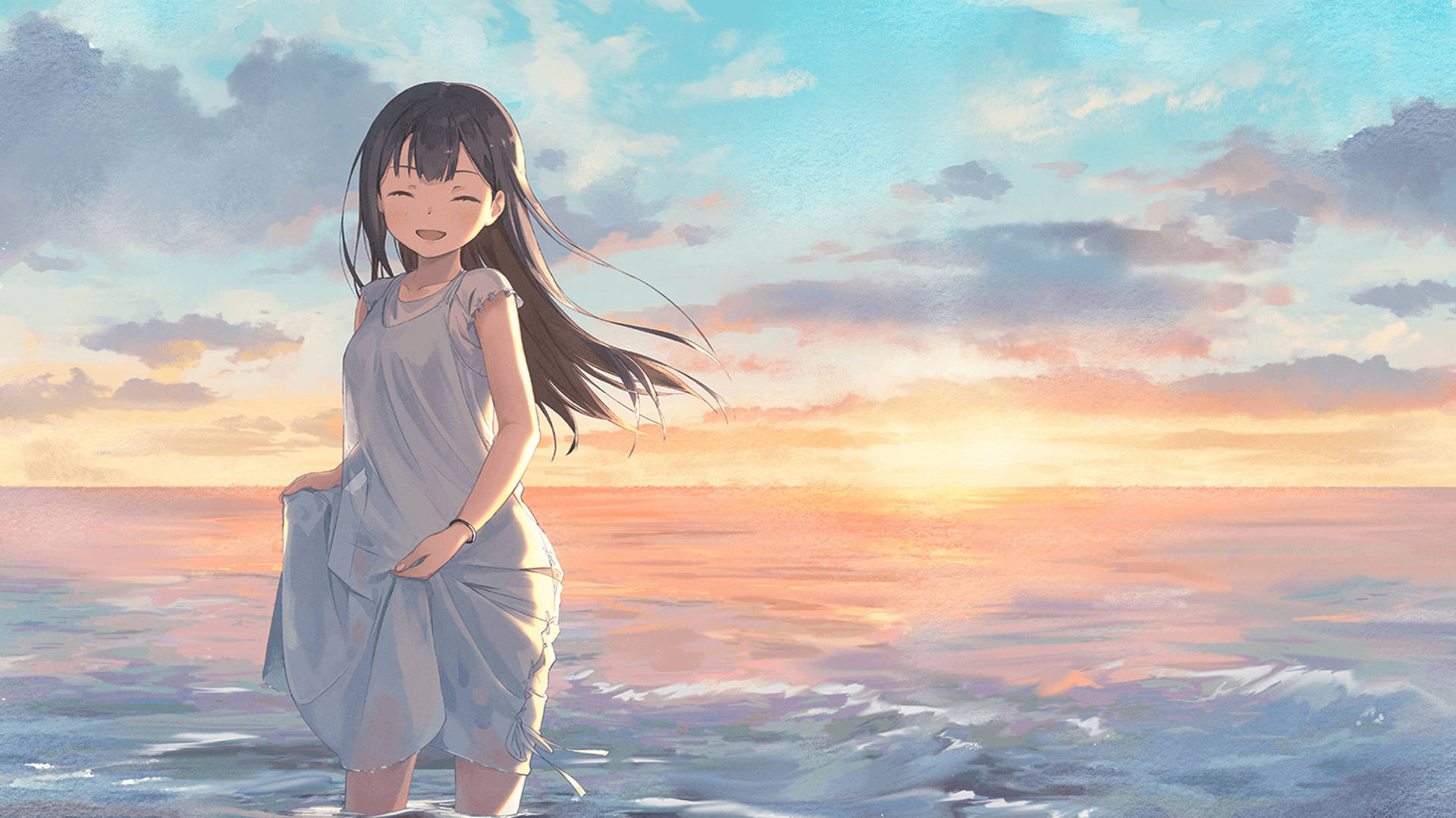 Girl At Sea Anime Aesthetic Sunset Background