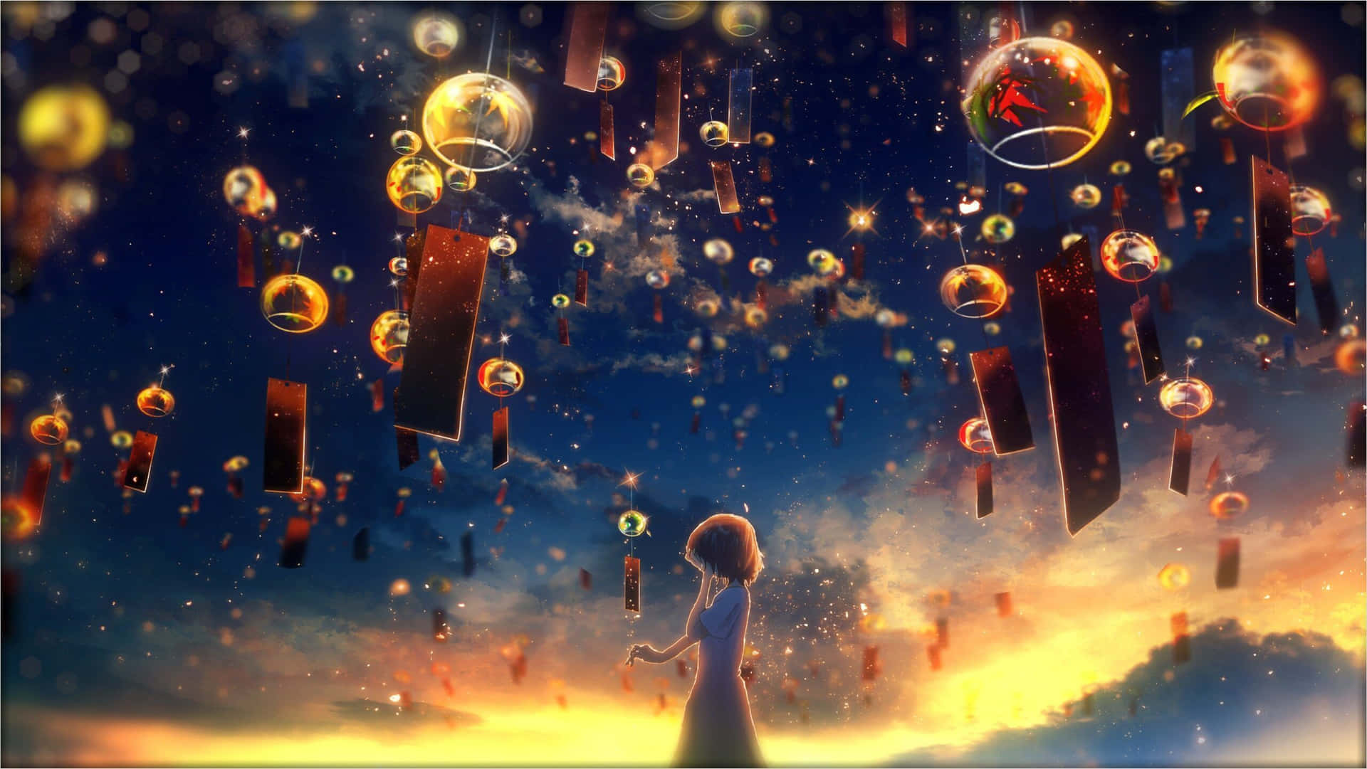 Girl At Sky Lantern Festival Anime Cartoon Background