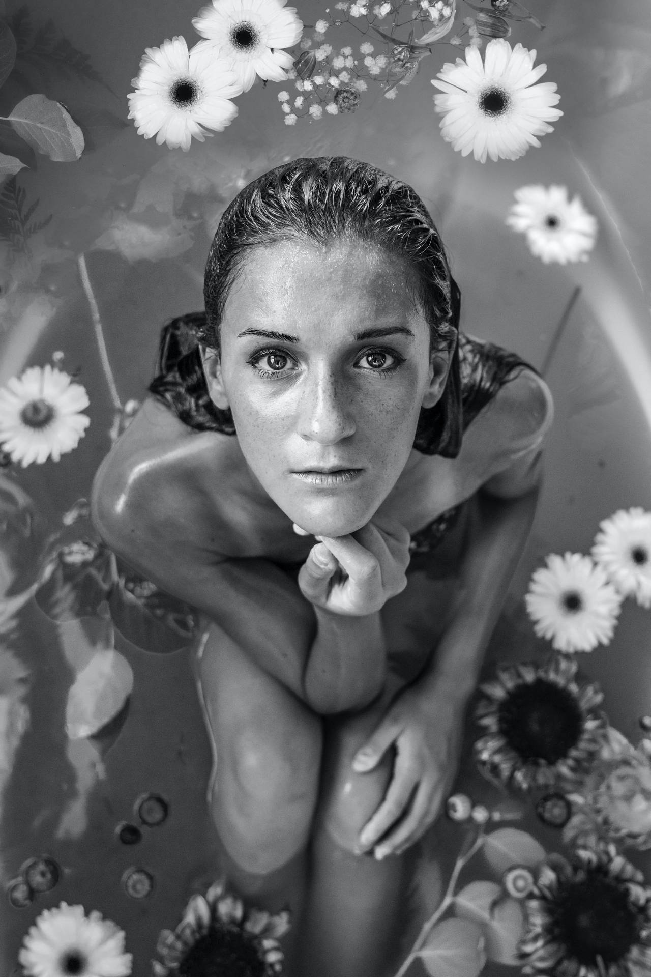 Girl Bathing With Flowers Black And White Portrait Background