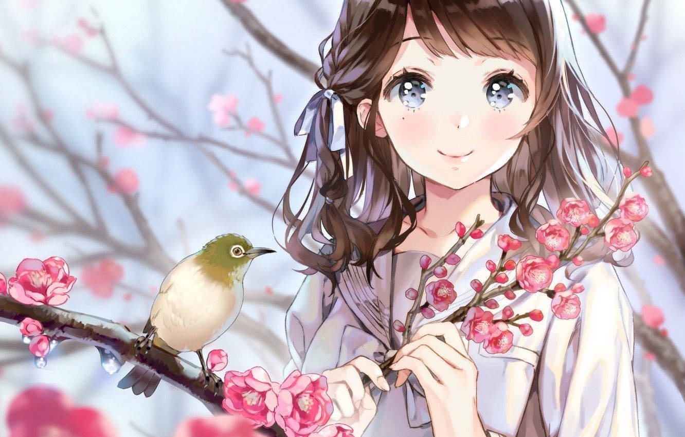 Girl Bird And Bunga Background