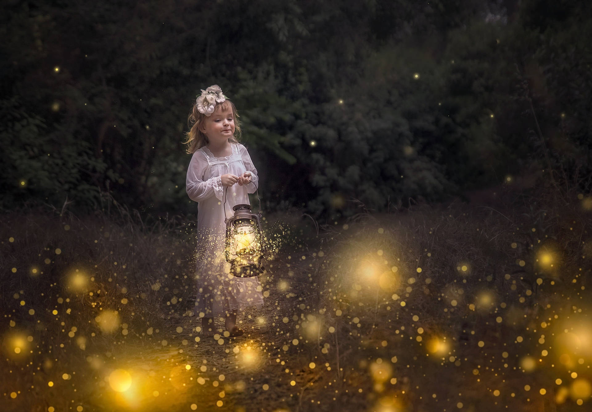 Girl Child And Shimmering Fireflies Background