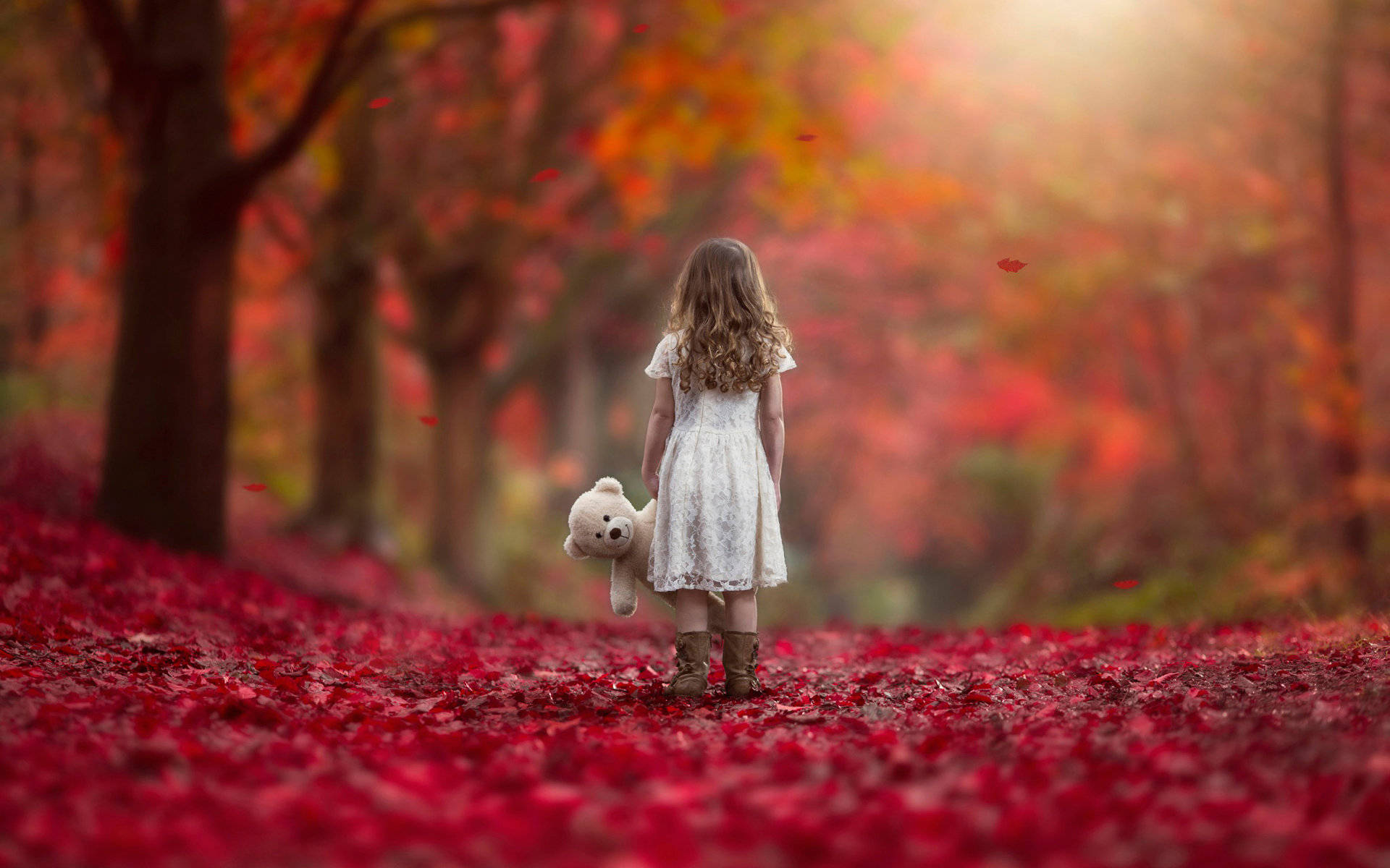 Girl Child On Red Autumn Leaves Background