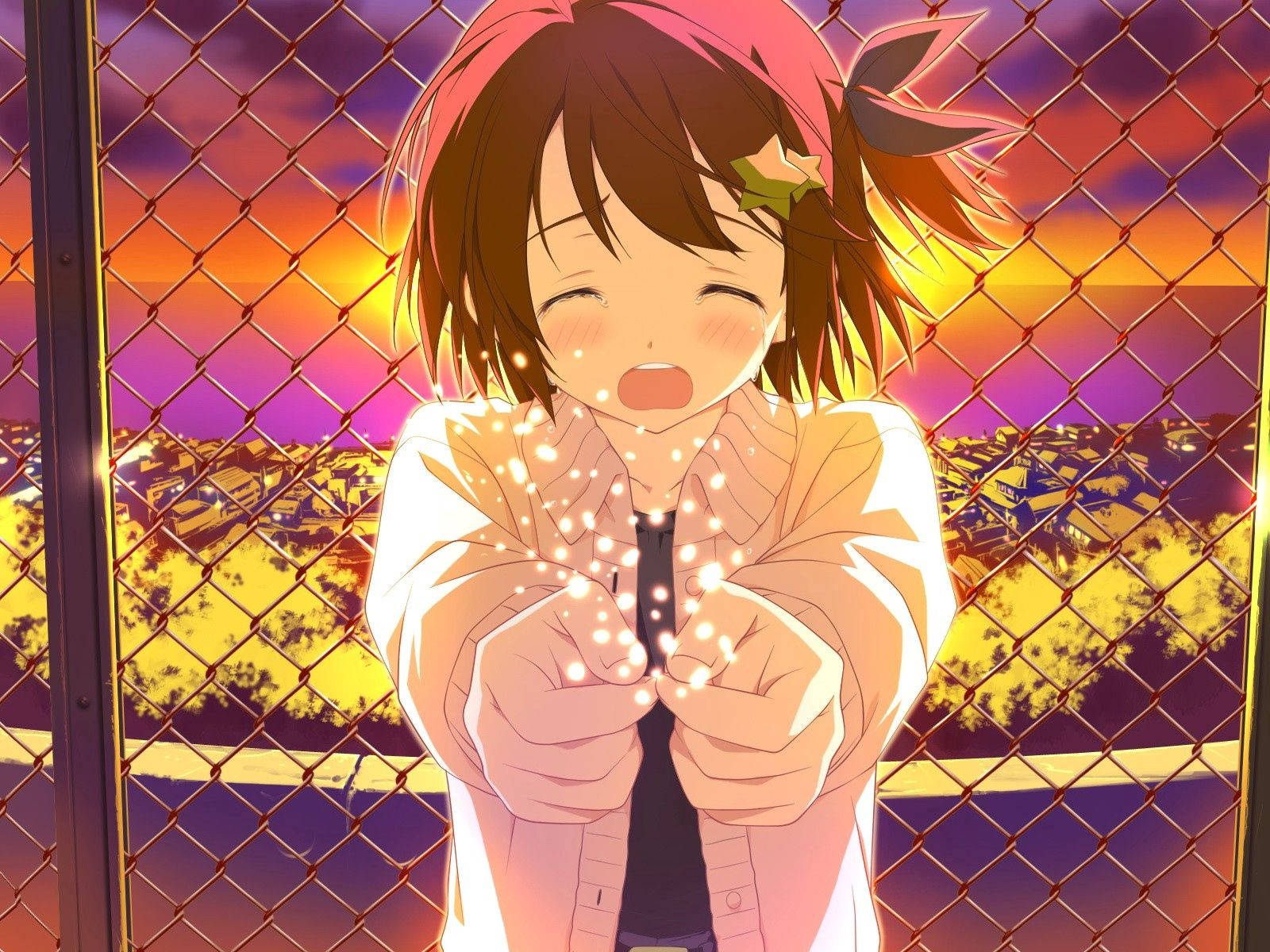 Girl Crying Golden Anime City Background