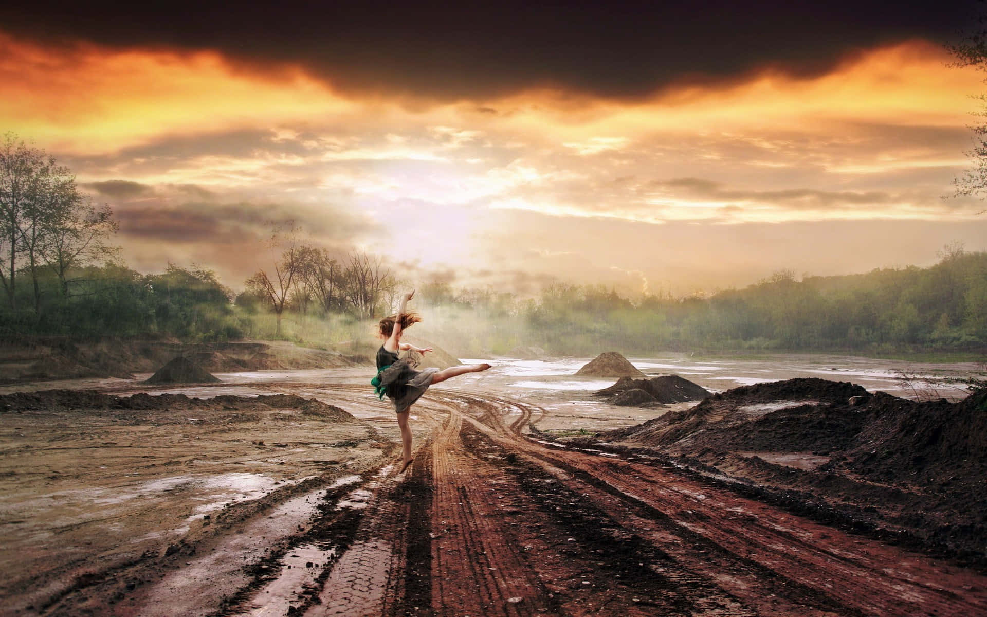 Girl Dancing On Mud Road Sunset Background