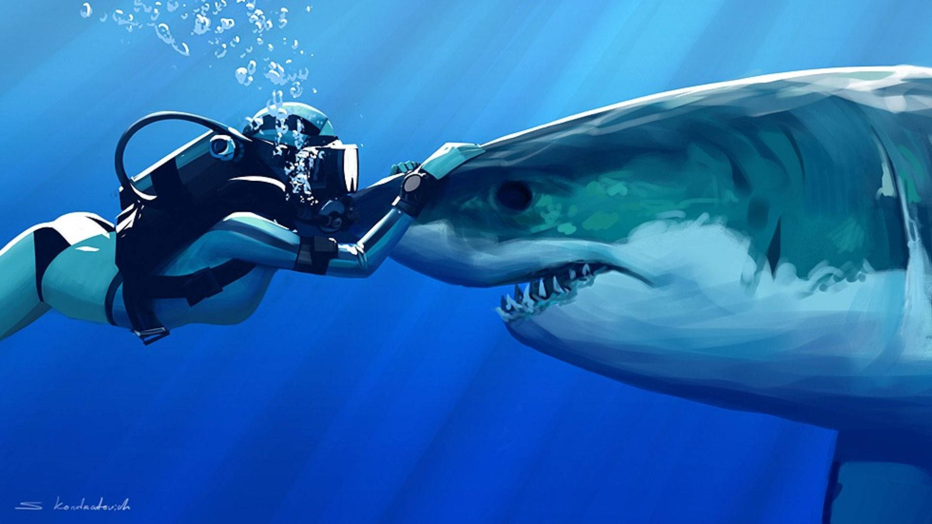 Girl Diver And Shark Background