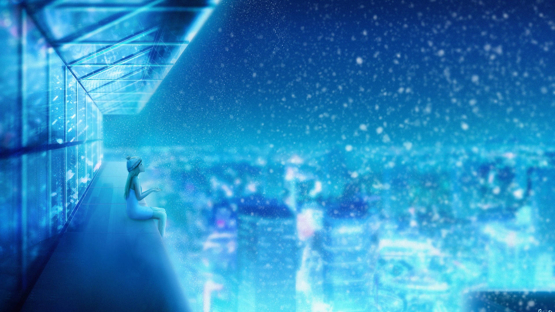 Girl Enjoying Winter In Anime Night City Background