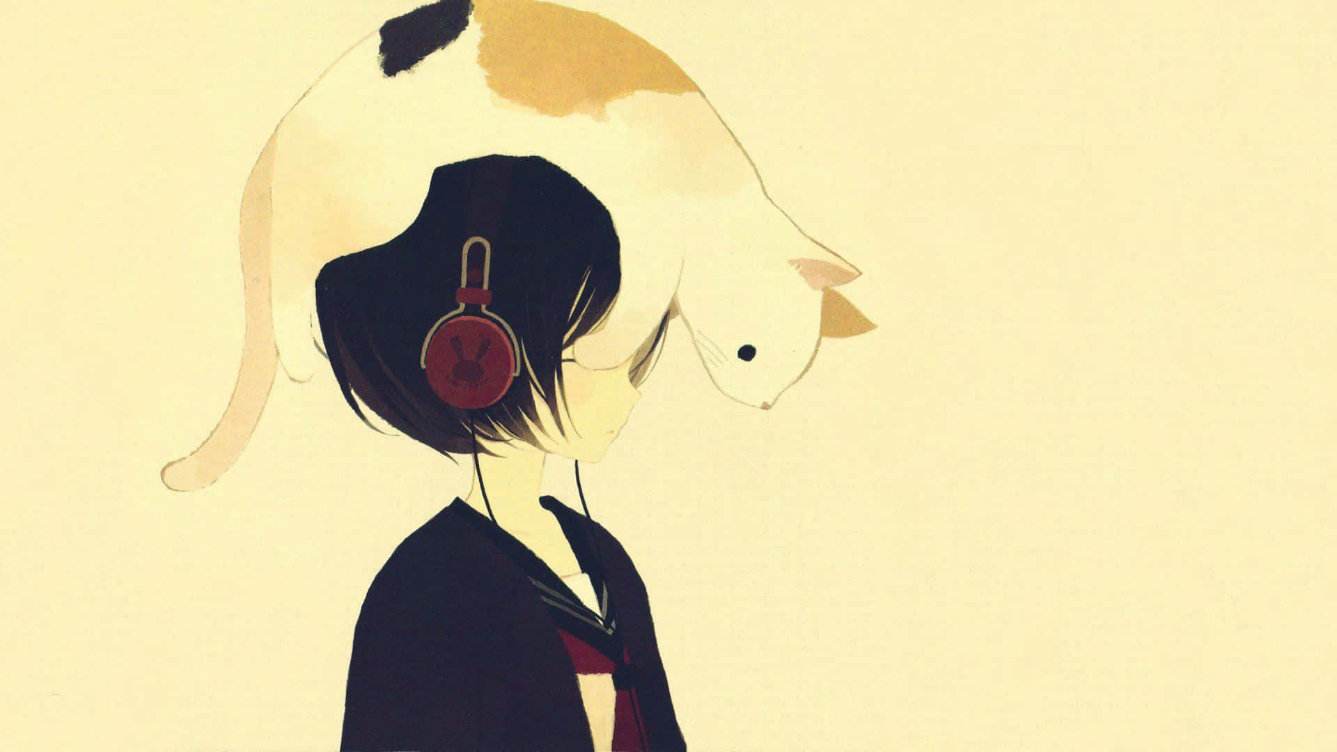 Girl Headphones With Cat Simple Anime Background