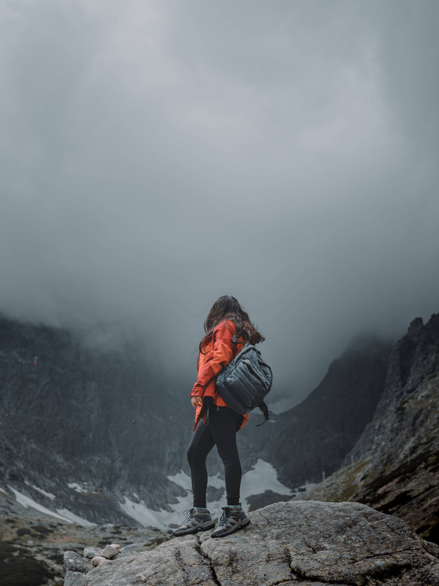 Girl Hiking Alone Mist Background