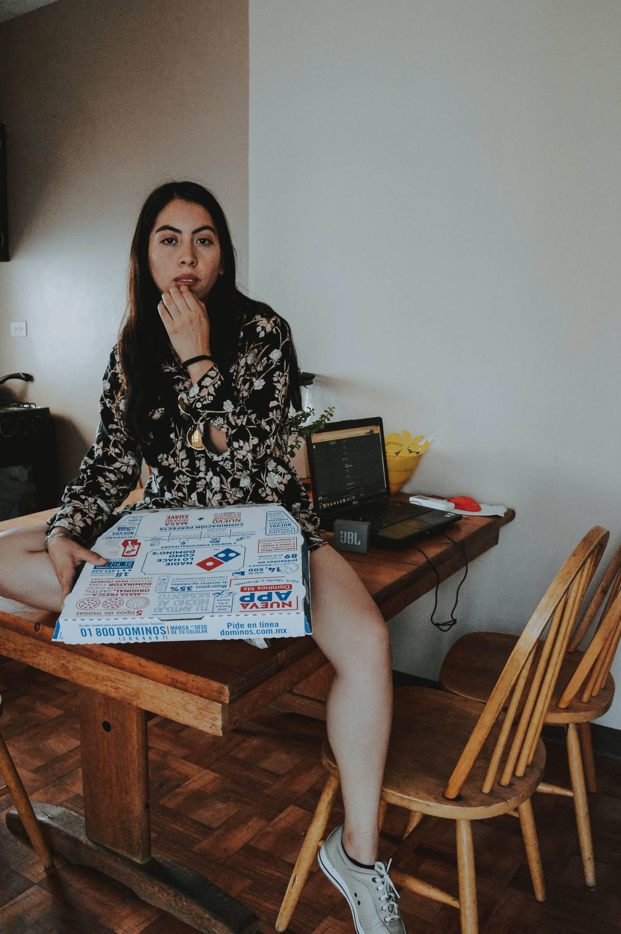 Girl Holding Dominos Pizza Box Background