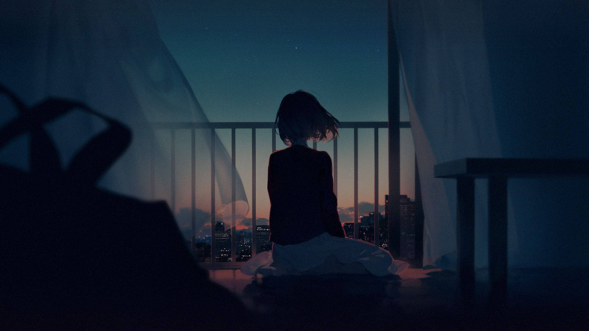 Girl In Balcony Dark Anime Aesthetic Desktop