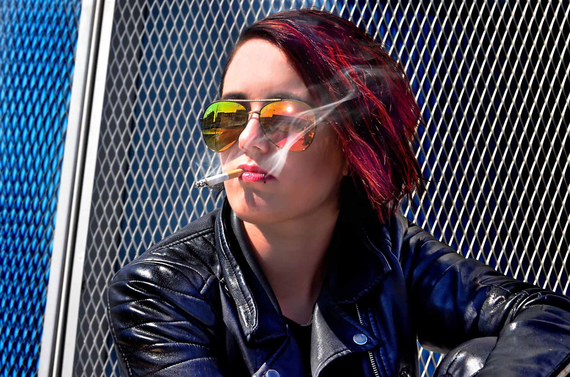 Girl In Leather Jacket Smoking Background