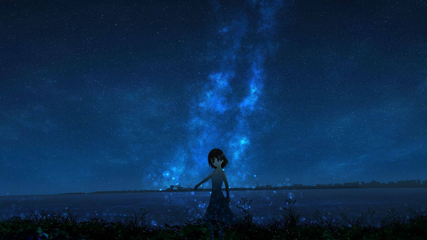 Girl In Meadows Anime Night Sky Background