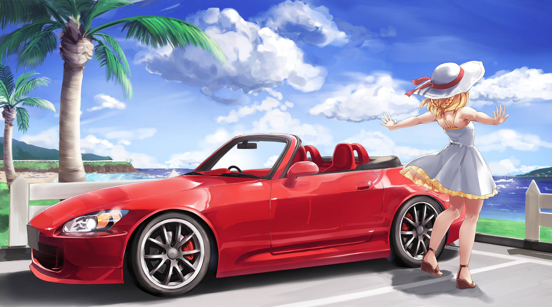 Girl In Summer Dress Next To Car Anime Background