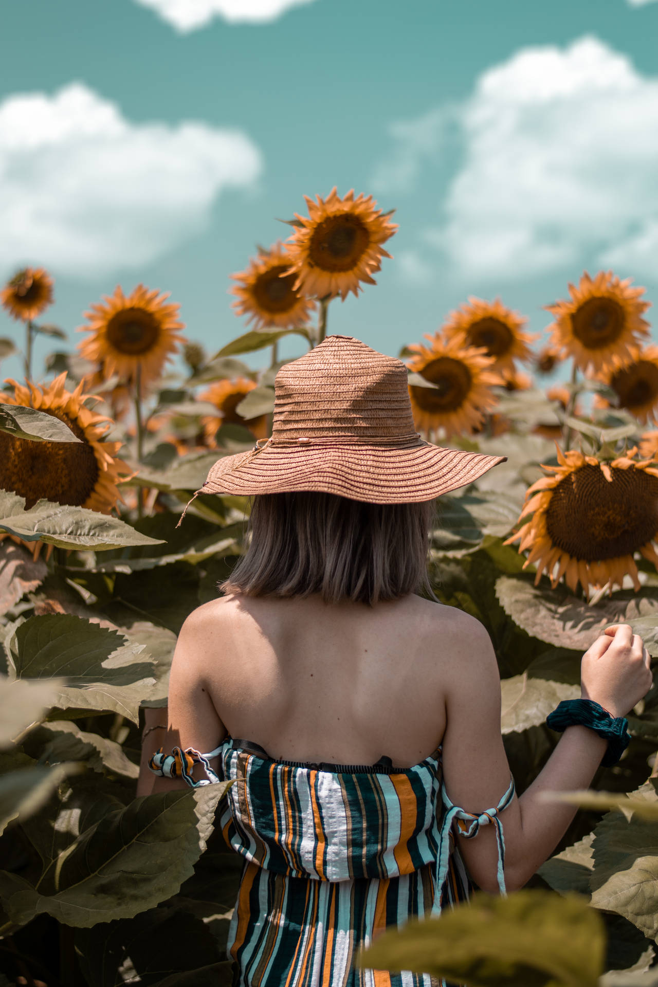 Girl In Sunflower Aesthetic Garden Background