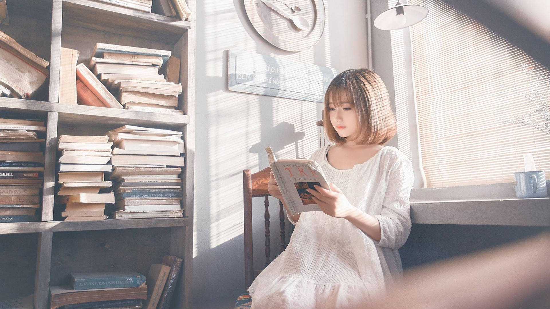 Girl In White Reading Book Background