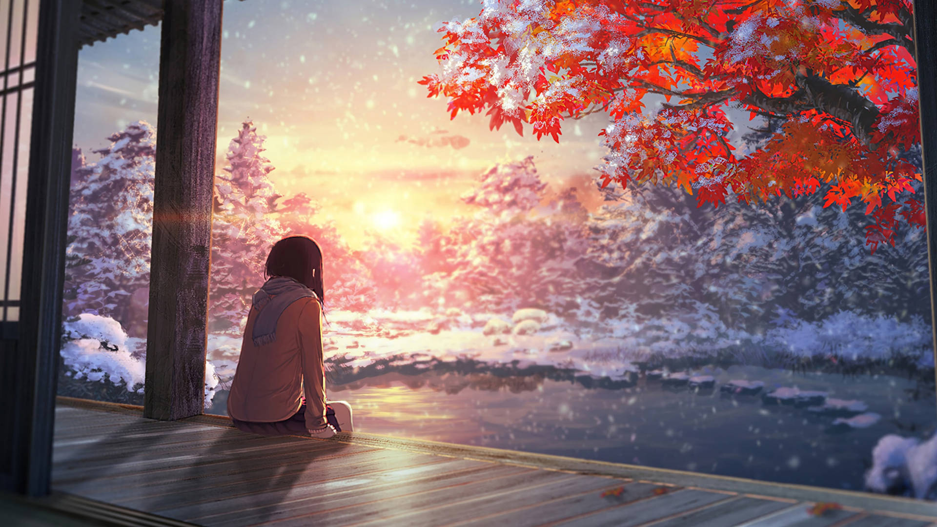 Girl In Winter Anime Aesthetic Sunset