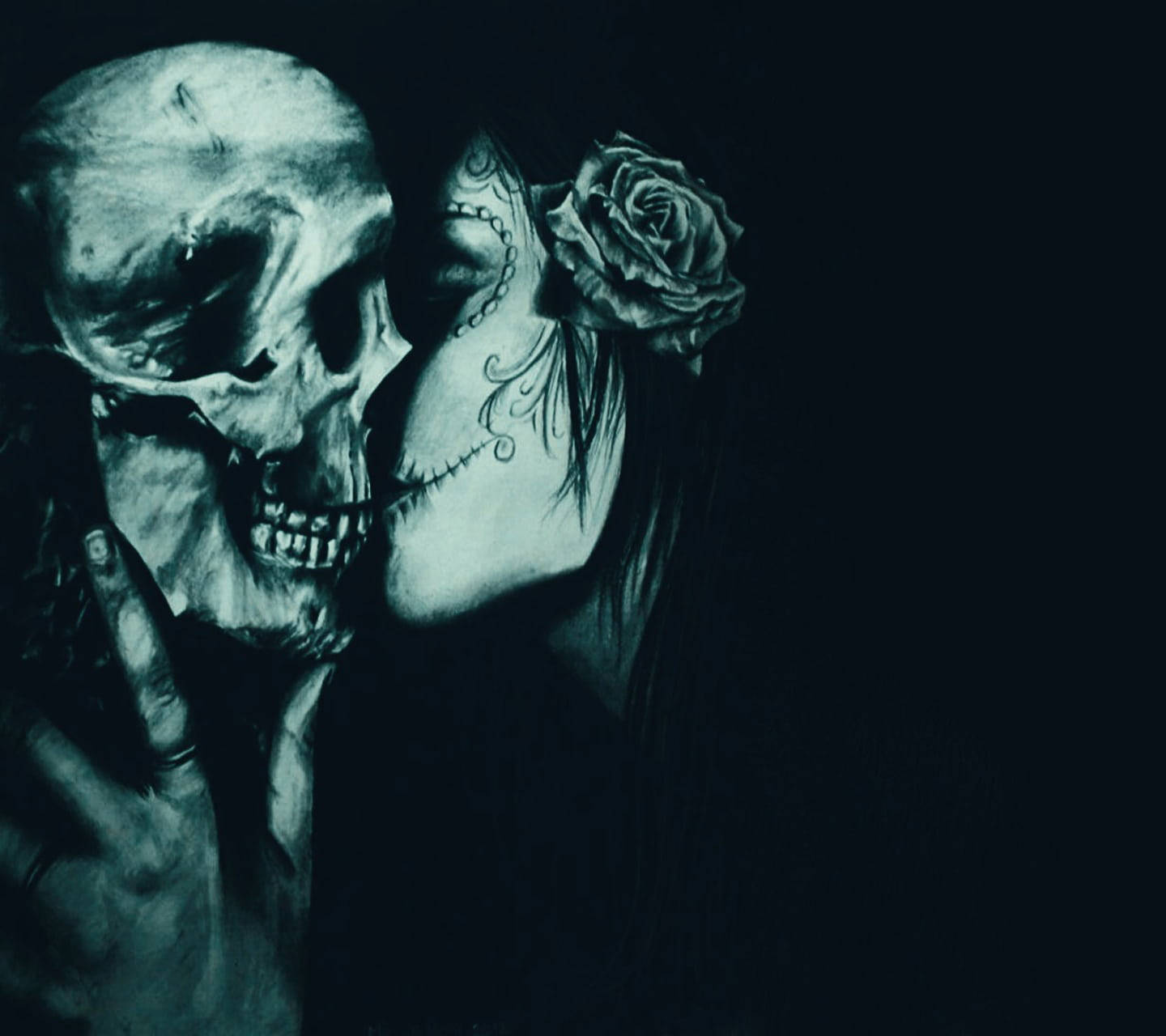 Girl Kissing Skeleton Aesthetic In Black Background