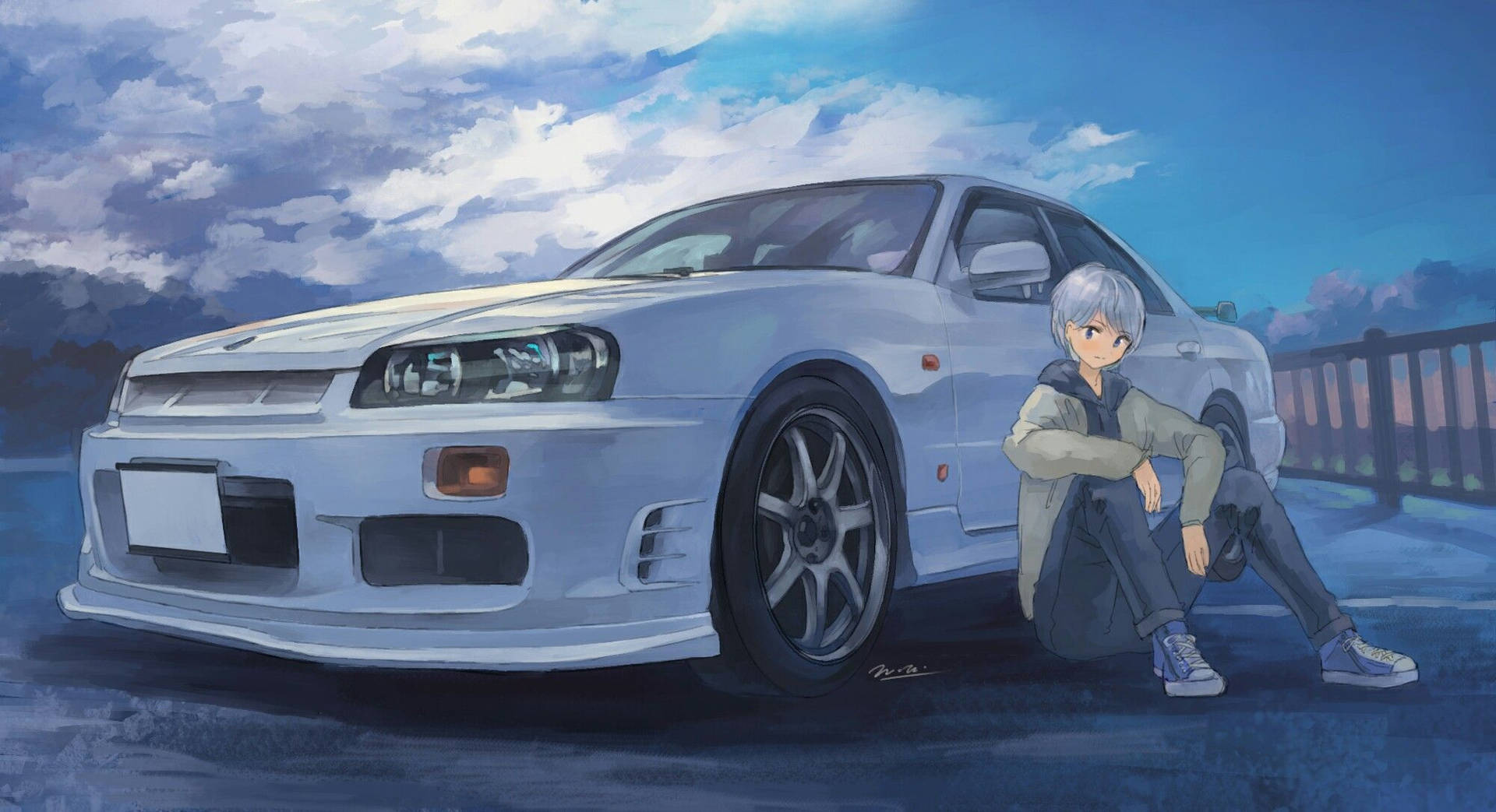 Girl Leaning On A Nissan Car Anime Background