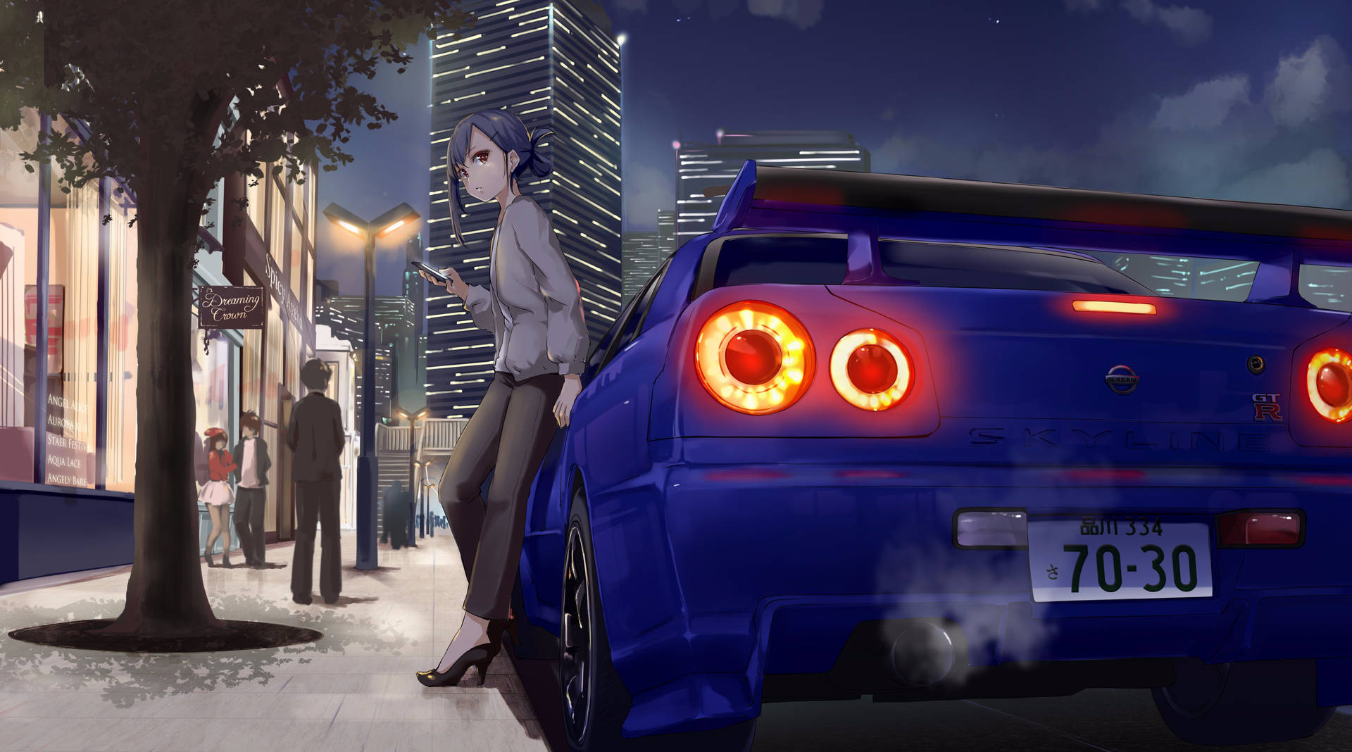 Girl Leaning On A Nissan Skyline Car Anime