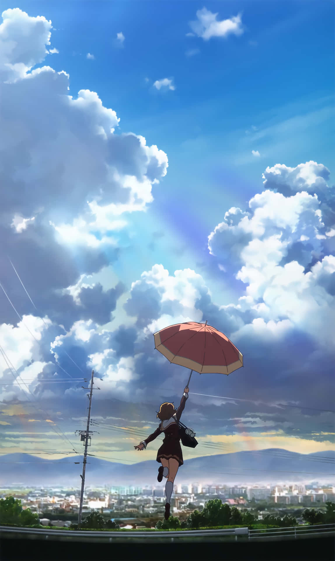 Girl Leaping With Umbrella Anime Art Background