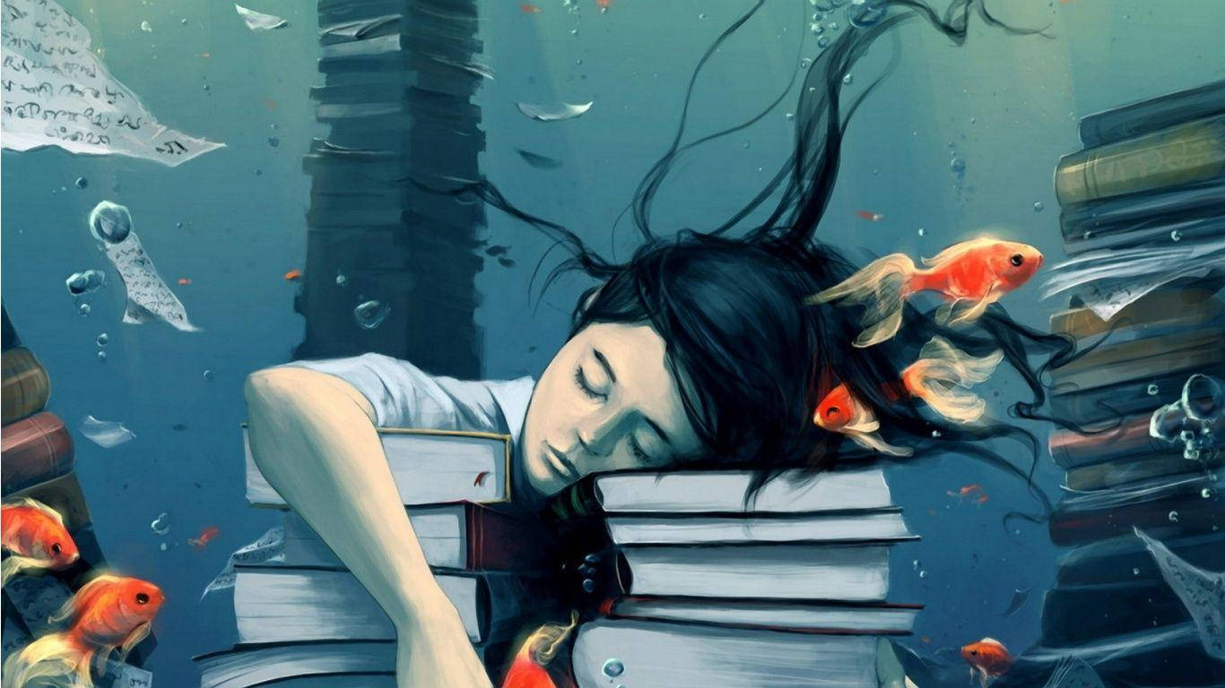 Girl Learning Underwater With Goldfish