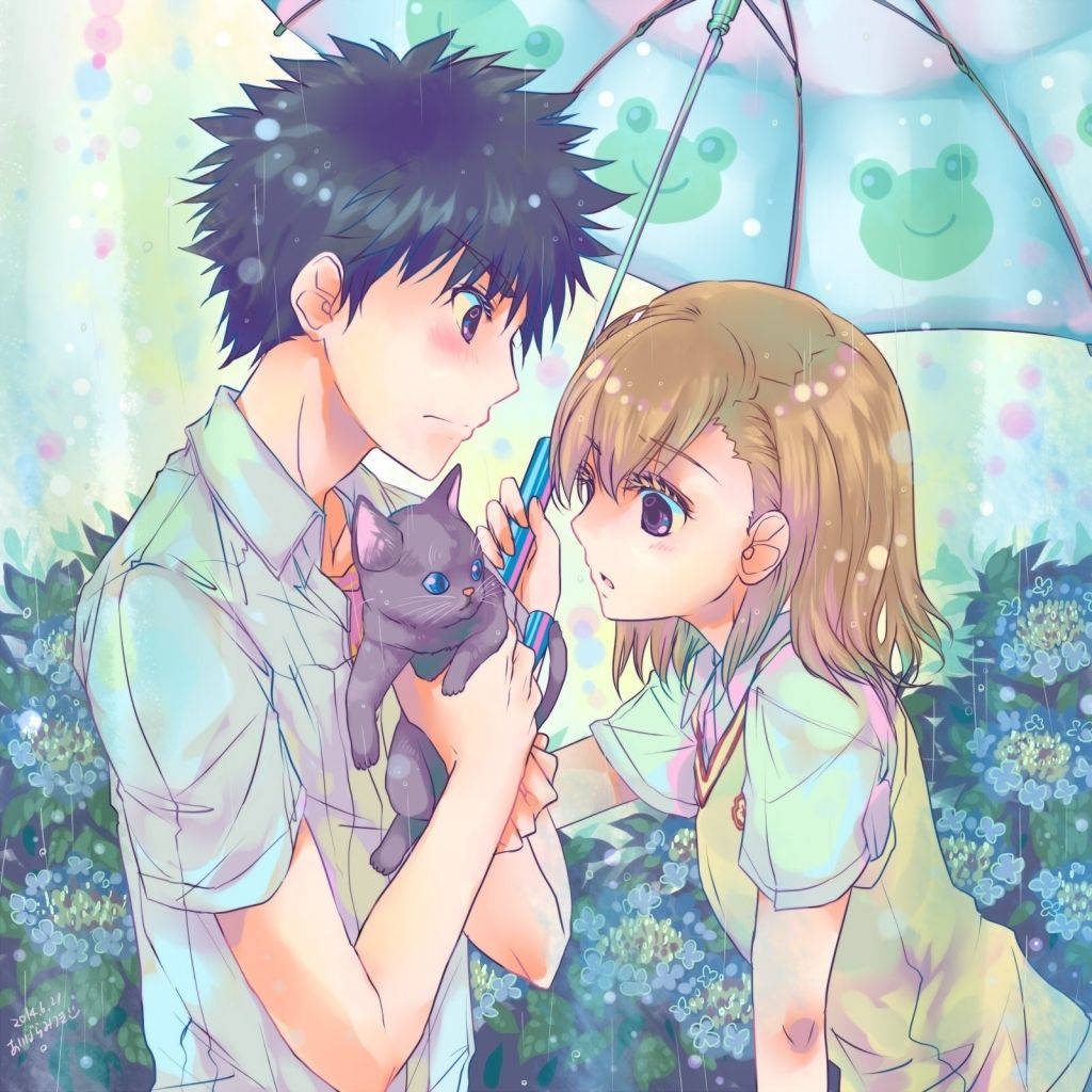 Girl Looking At Boy's Cat Love Anime Background