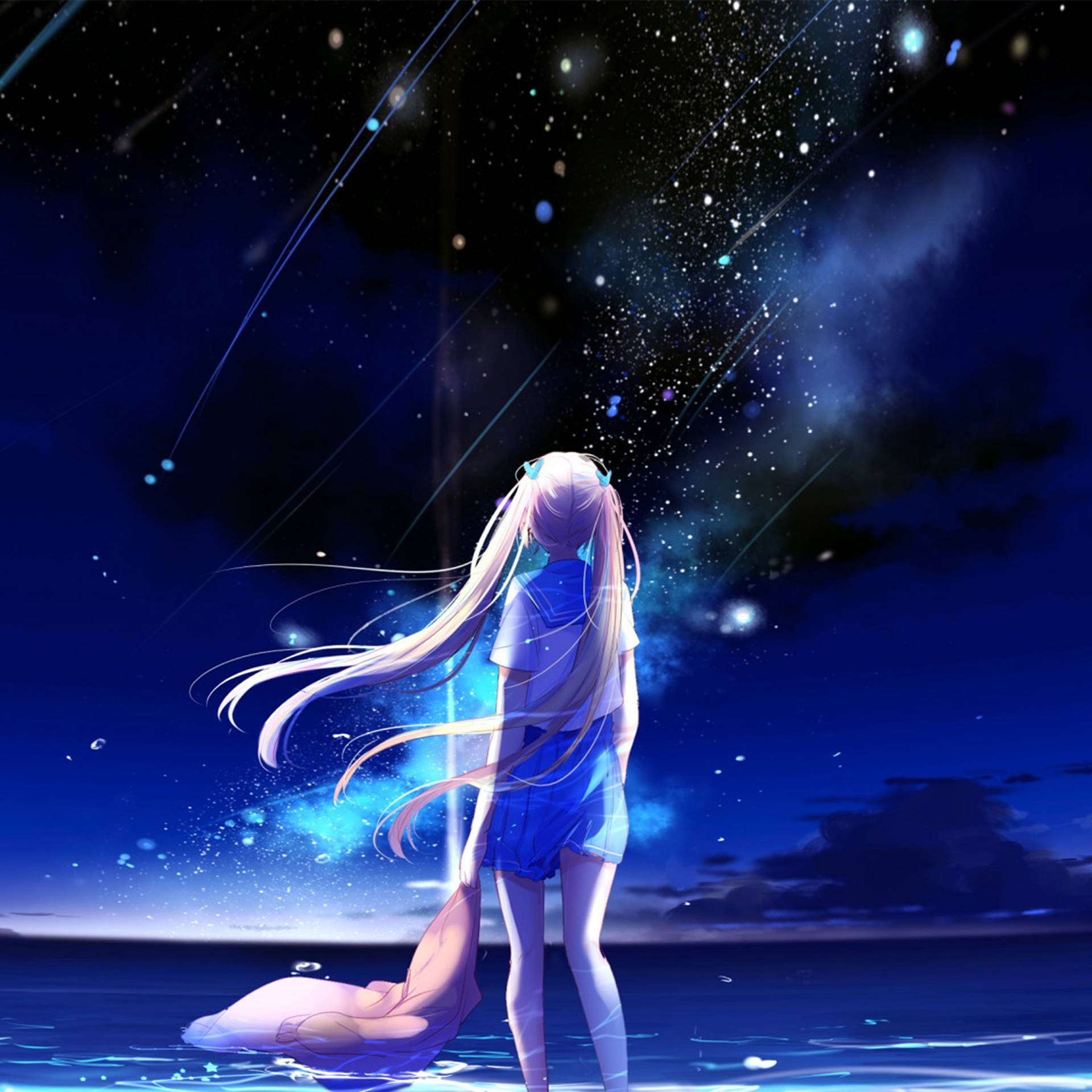 Girl Looking At Stars Anime Art Background