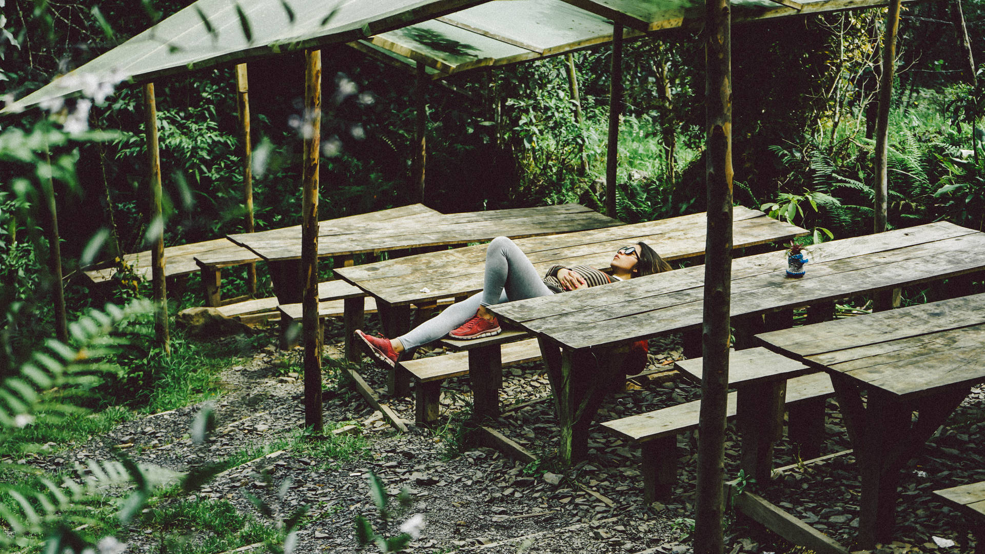 Girl Lying On Bench Background