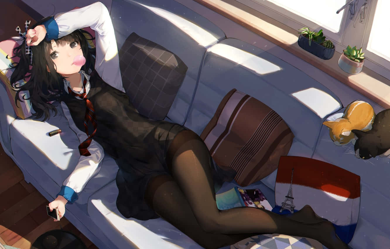 Girl Lying On Cough With Gum Bubble Anime Background