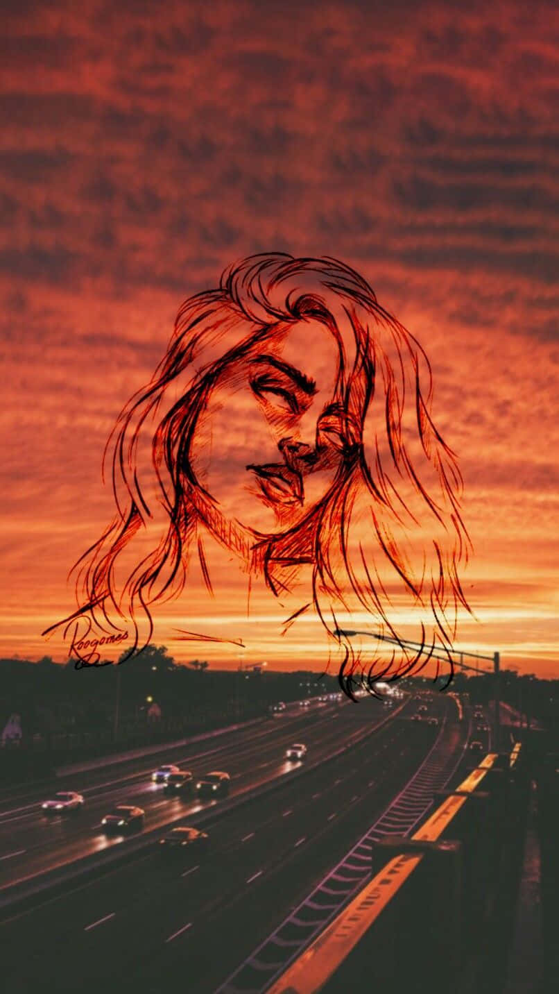 Girl On A Highway Orange Aesthetic Phone Background