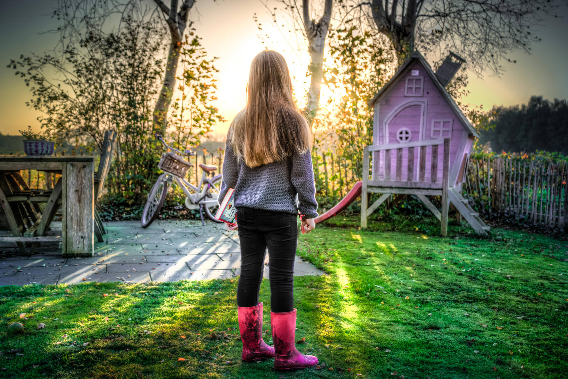 Girl On Backyard Playground Background