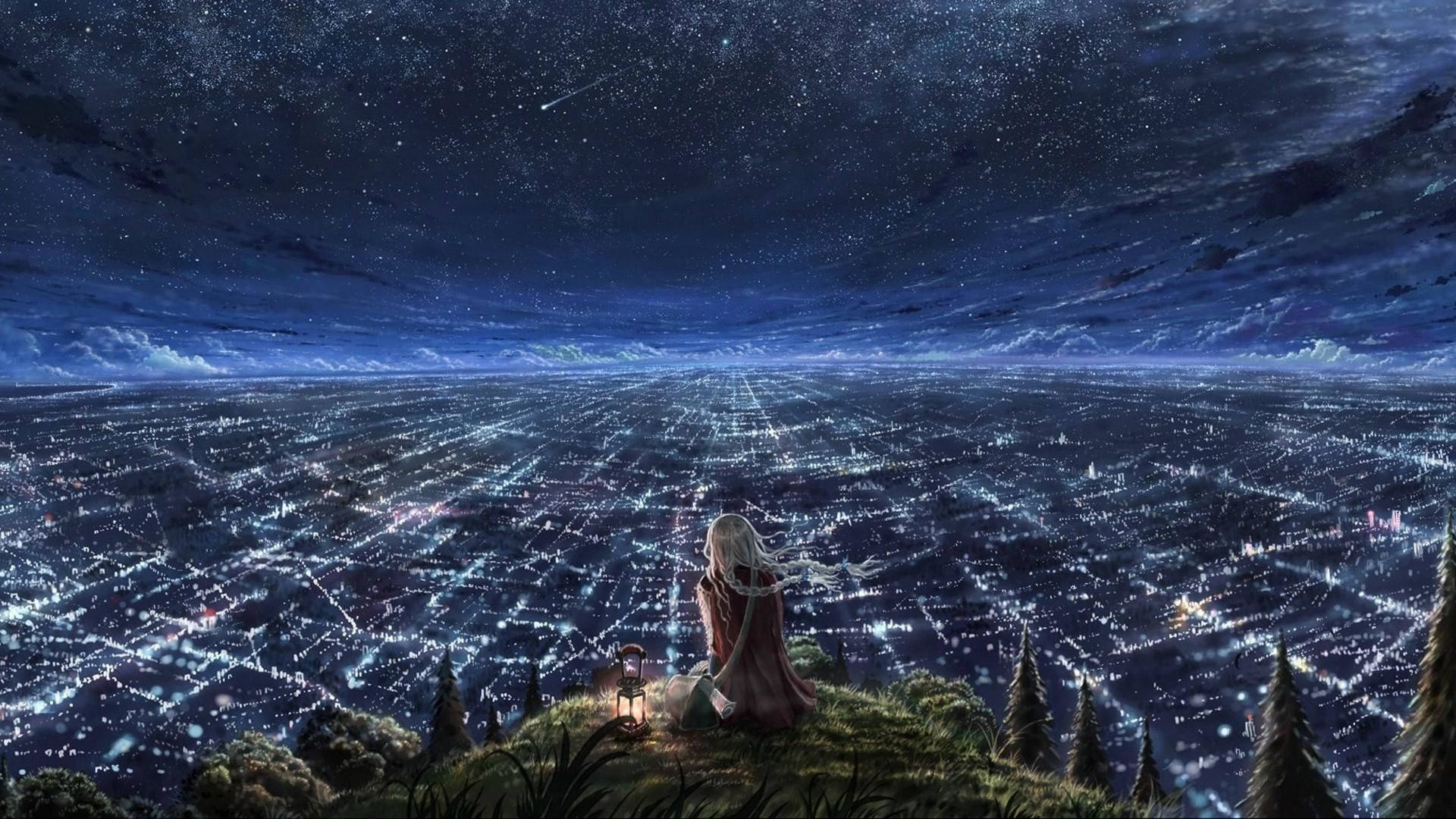 Girl On Cliff Anime Night Sky Background