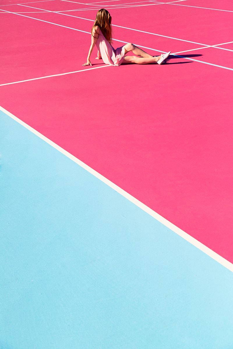 Girl On Pink Blue Court Background