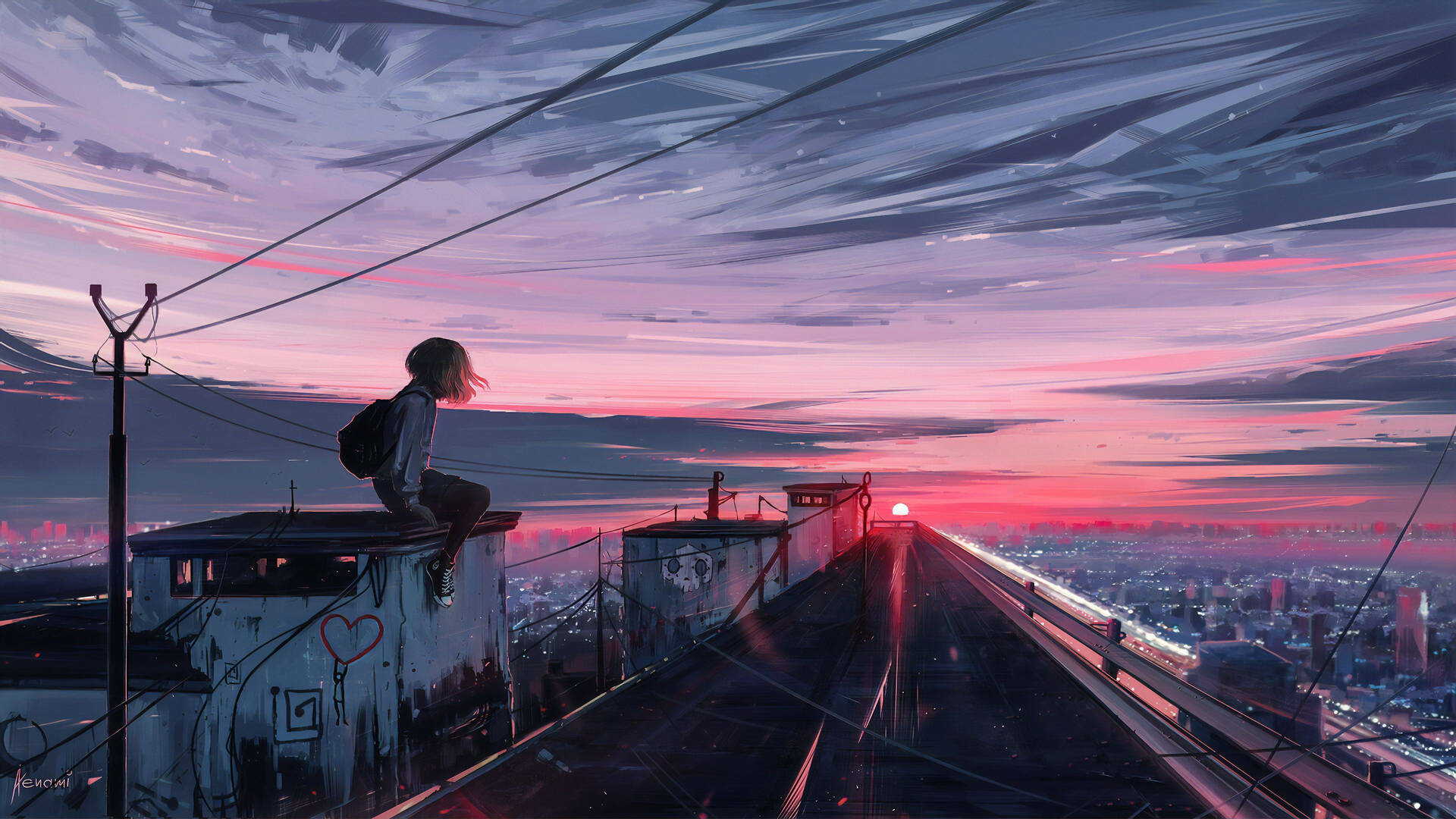 Girl On Roof Anime Aesthetic Sunset Background