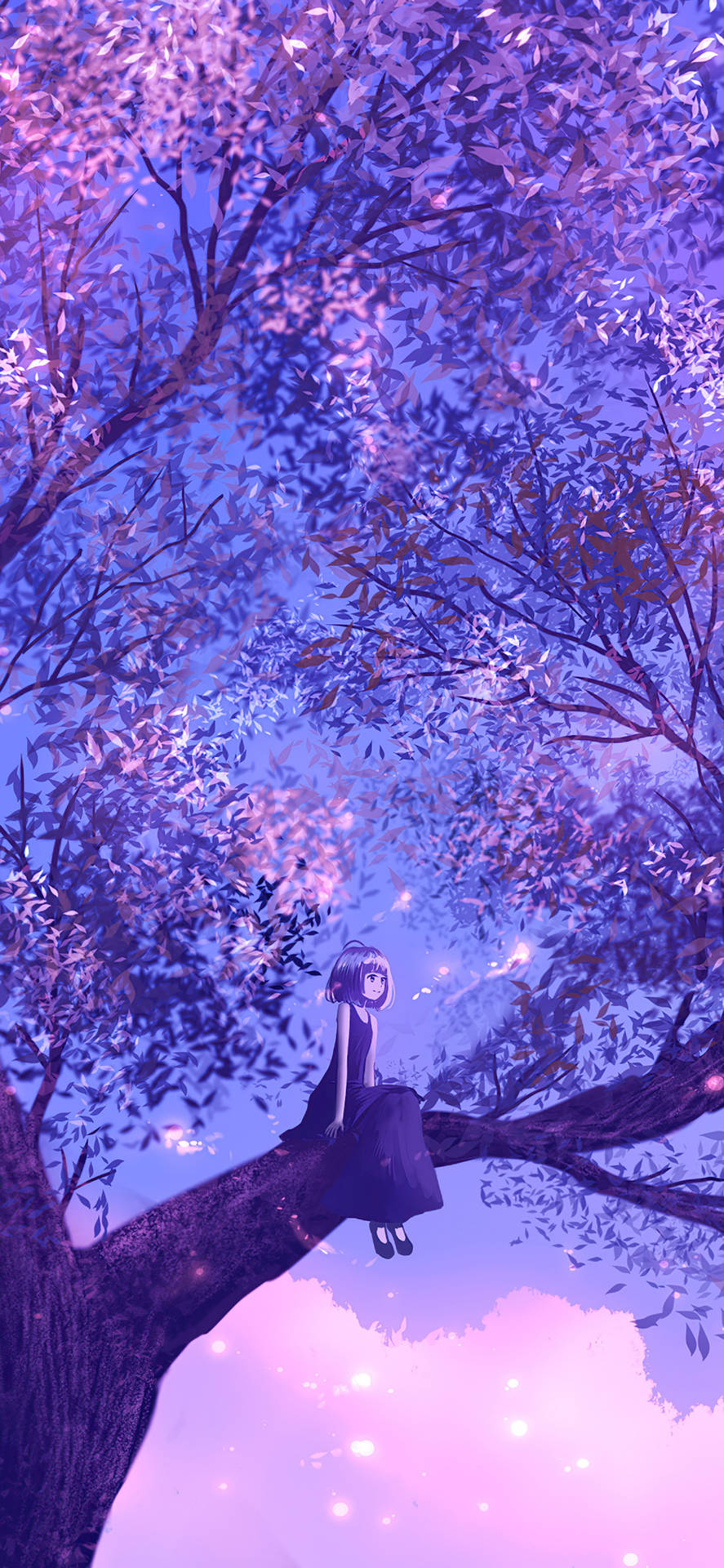 Girl On Tree Purple Anime Aesthetic Background