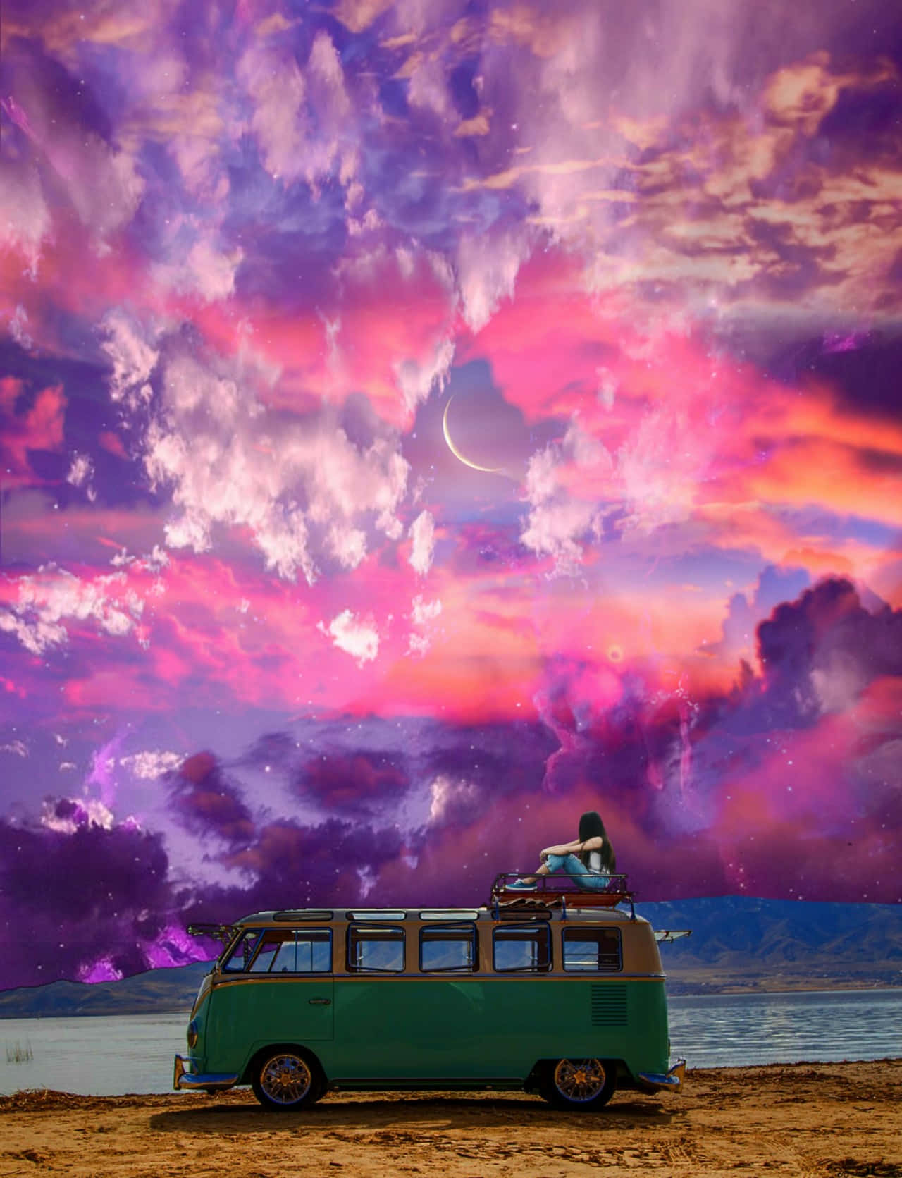 Girl On Volkswagen Van Trippy Aesthetic Cloud Background
