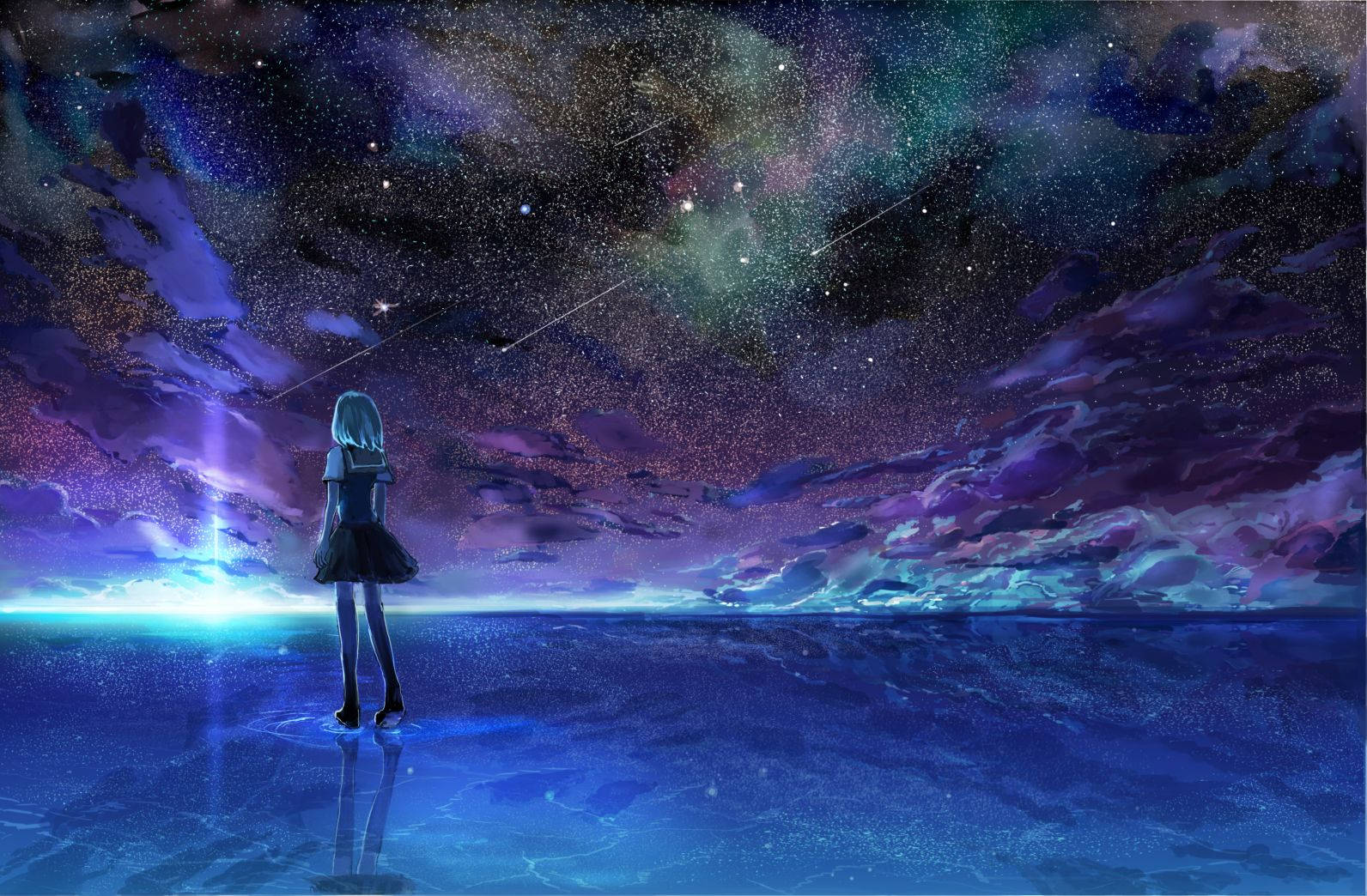 Girl On Water Anime Night Sky Background